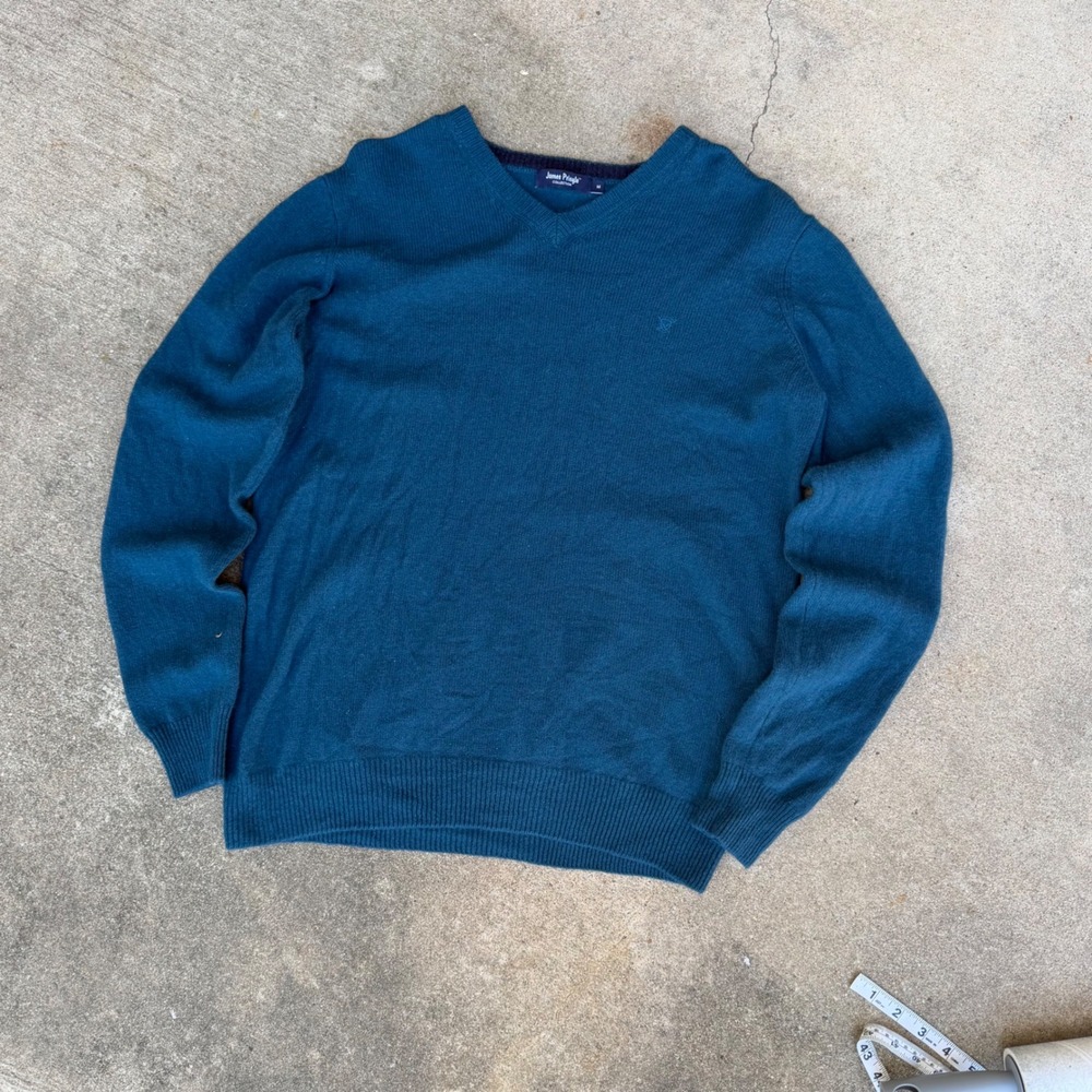 James Pringle Collection Mens 100% Wool V-Neck Sweater Teal Blue Size M